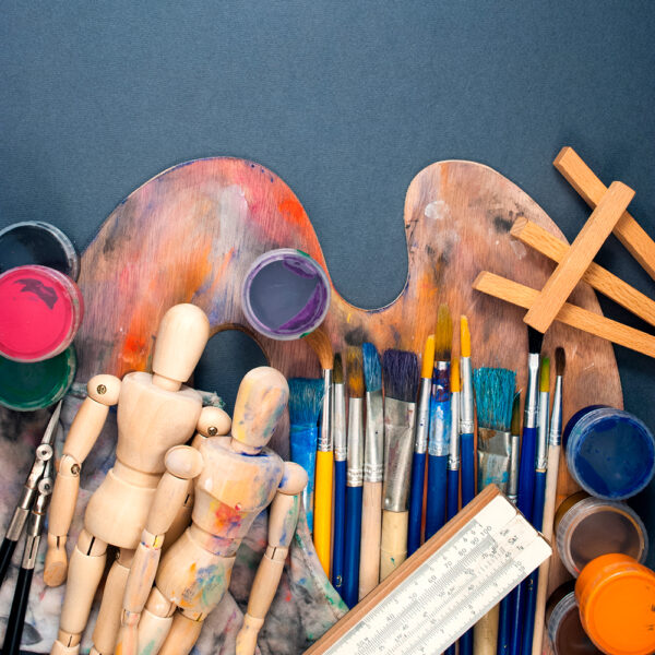 art supplies- brushes, pallet, easel, paints